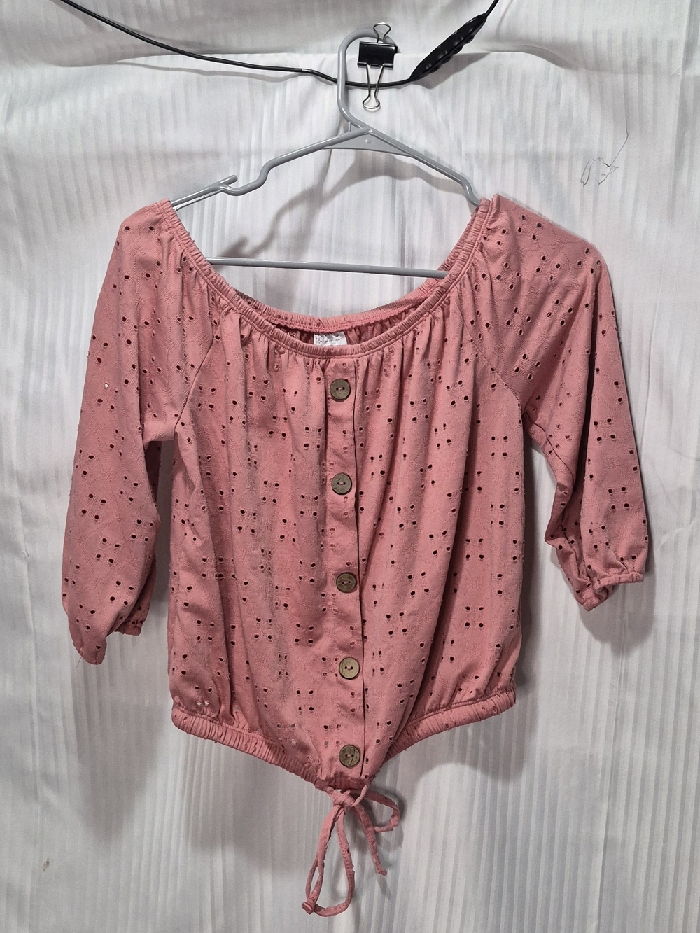 Pink Eyelet Button-Front Blouse with Drawstring Hem Size Small - Picture 2 of 7